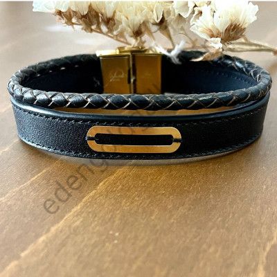 دستبند طرح بیضی و بند چرم مردانه