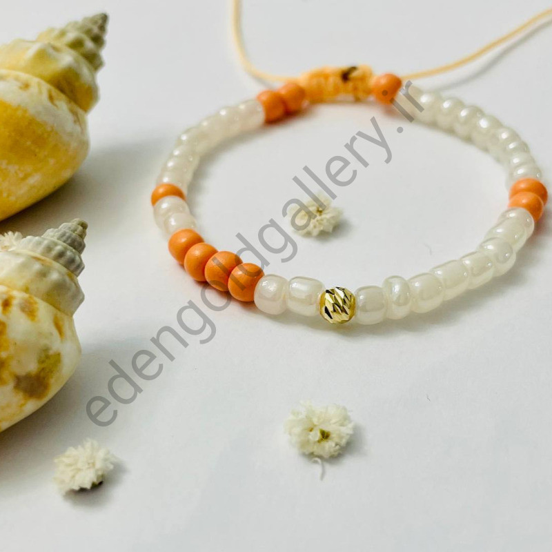 دستبند گوی طلا سایز بزرگ بند سفید و نارنجی